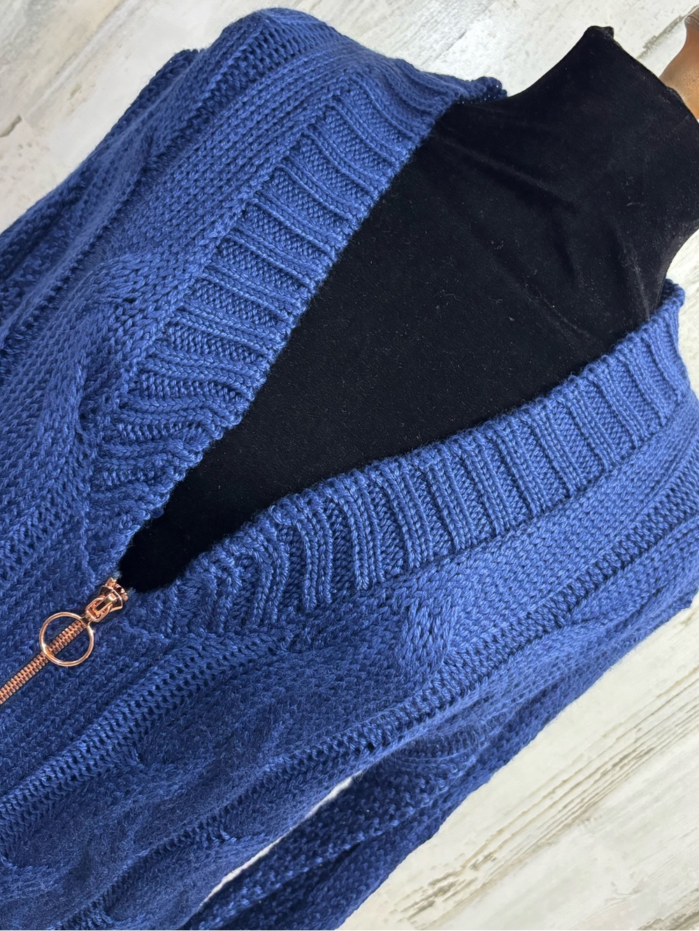 For Love And Lemons Navy Cable V-Neck Zip Sweater - Picture 2 of 9